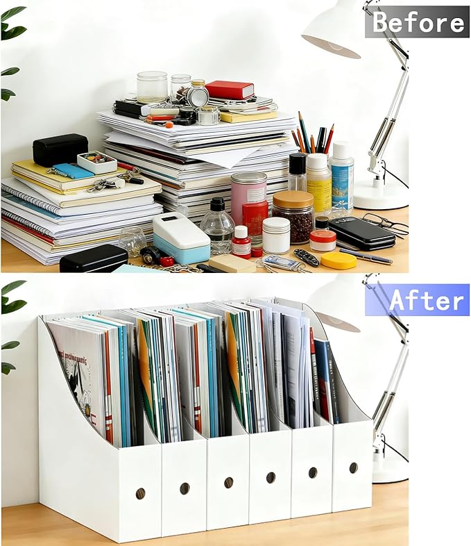 Limitliho 6 Pack Cardboard Magazine Holder for Desk, Book Bins for Classroom Library,Office,Home, 10.6" H x 10.2" L x 3.5" W in Magazine File Holder(White)
