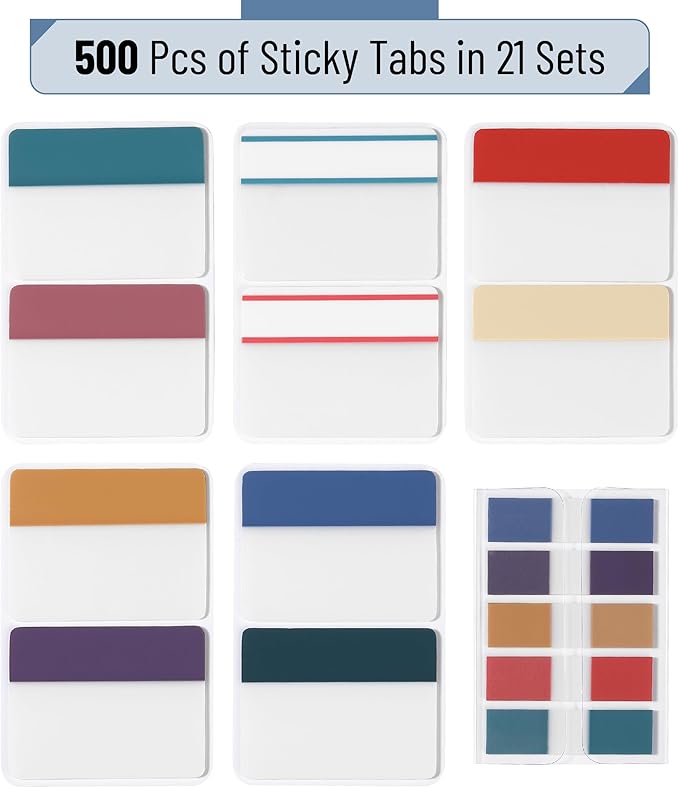 Mr. Pen- Sticky Index Tabs, 500 Pcs, 21 Sets, Colorful, Writable Colored Pages Markers Labels for Reading Notes, Books, Binders, Notebook, Folders and Classify Files, Water-Resistant