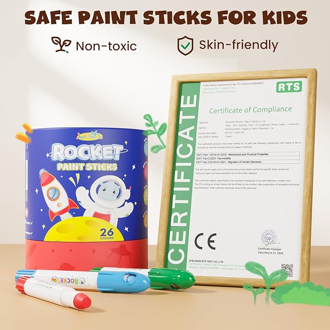 JUPITEARTH 26 Colors Rocket Tempera Paint Sticks with 120 PDF Coloring Pages, Quick Drying, Non-Toxic and Washable Paint Sticks for Kids and Students, Art Supplies for Drawing on Paper and Canvas
