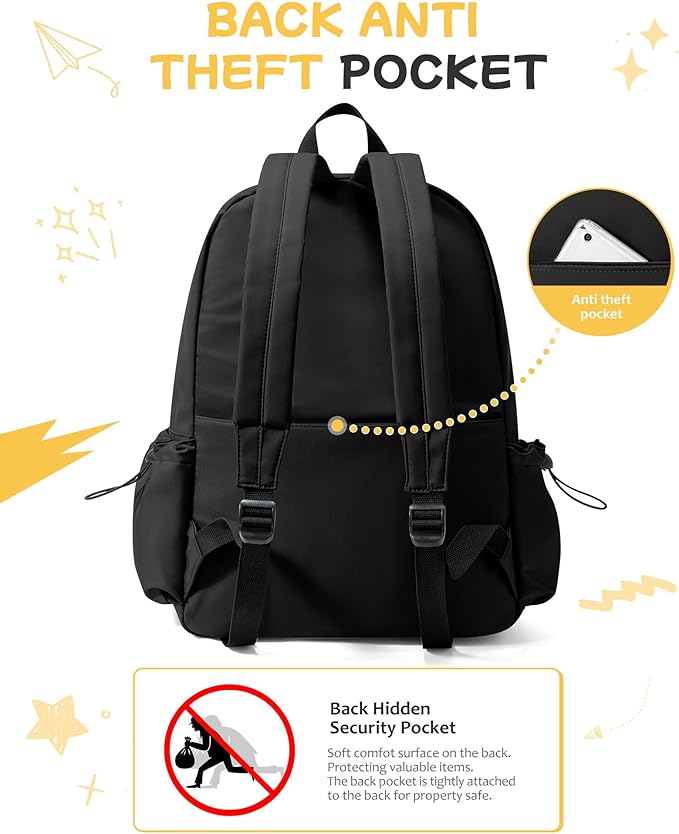 SEAFEW Black Backpack for School Women Girls, Waterproof Bookbag Cute High School Backpack for Men Teen Boys, Lightweight Travel College Back Pack Mochilas Escolares para Casual Daypack Rucksack