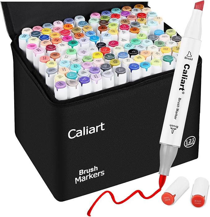 Caliart Alcohol Markers Brush Tip - 121 Colors Dual Tip Art Markers Set for Adult Coloring Books Artist Drawing Illustration Sketching, with Case Permanent Alcohol Based Colored Chisel & Brush Pens