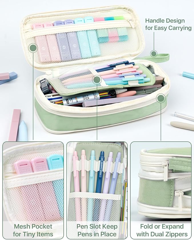 Four Candies 56PCS School Supplies with Pencil Case, Stationery Set, Green | 6 Multicolor Pens, 12 Pastel Highlighters, 5 Gel Pens, 9 Mechanical Pencils, Back to School, College Essentials for Students