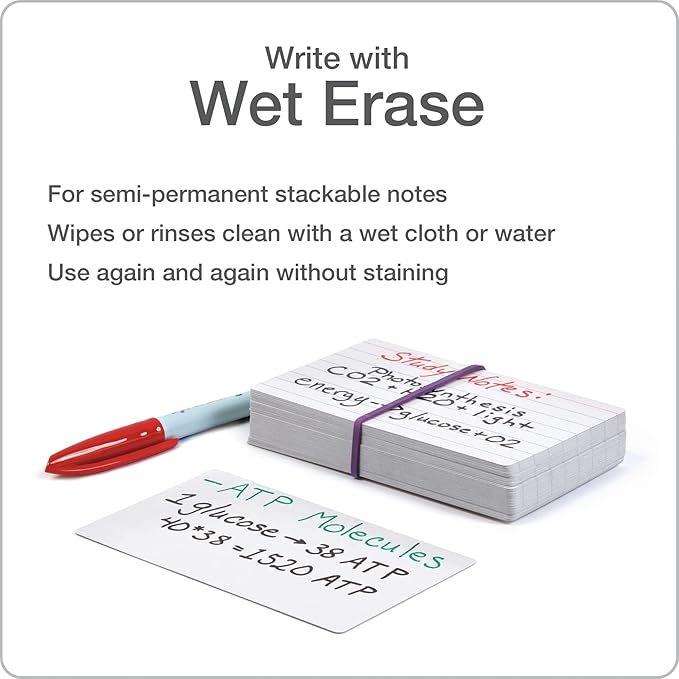 Oxford Dry Erase Index Cards, 3x5, Blank & Ruled Multipack, Reusable Flash Cards, Double Sided Dry & Wet Erase Cards for Gaming, Study, 100-Pk (63516)