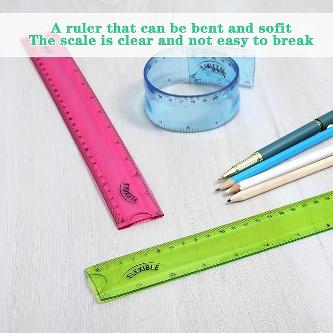 3Pcs Flexible Ruler, 12 Inch Clear Plastic Ruler Soft Bendable Rulers with Centimeters and Inches, for Kids and Adults School Classroom Office Supplies (Red, Green, Blue)