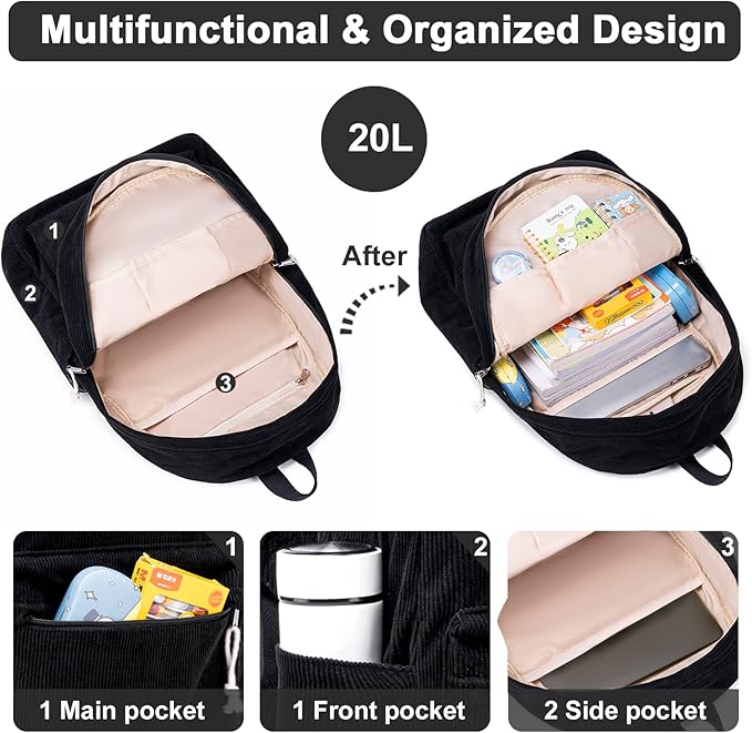 BTOOP School Backpack for Teens Large Corduroy Bookbag Lightweight 15.6 inch Laptop Bag for Girls Women Casual High School College