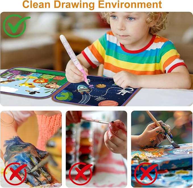 Seashang 2 Pack Reusable Water Coloring Book for Toddlers,Space & Zoo Themes Magic Water Painting Books Mess-Free Coloring Book with Water Pen for Kids Ages 3+