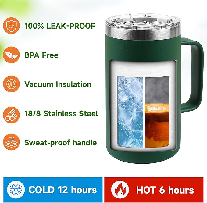22oz Insulated Coffee Mug with Handle & Leak-Proof Lid - Double Wall Stainless Steel Travel Tumbler Bulk for Commute/Office/Home, Mint Green, 4 Pack