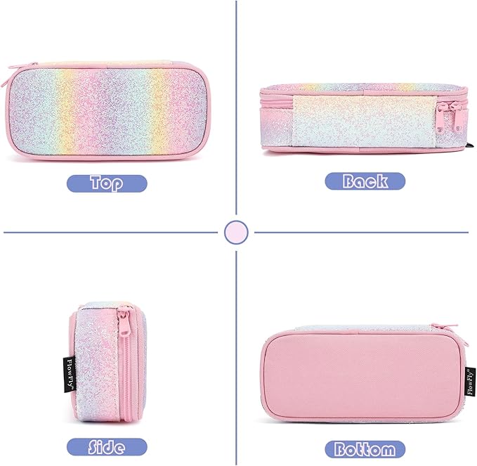 FlowFly Pencil Case for Girls Boys, Large Capacity Pencil Pouch for Kids, Portable Soft Pen Bag for Teen, Glitter