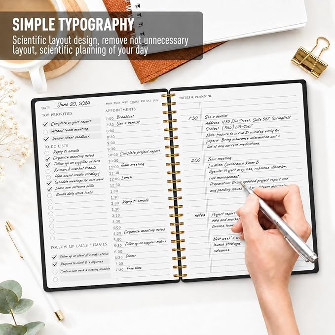 Daily Planner with Hourly Schedules - Undated To Do List Notebook for Work and Study, Spiral Bound, 5.5" x 8.5", Easily Manage Tasks and Appointments - Black