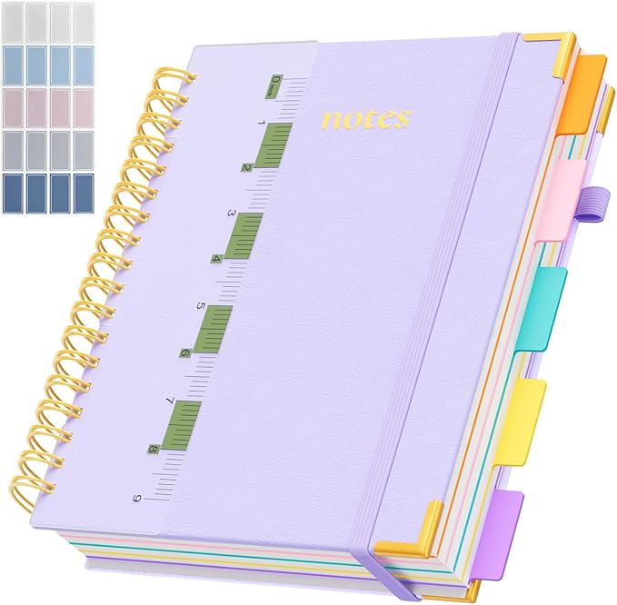 Line Hardcover Spiral Notebook with Removable Dividers Tabs & Ruler, 5 Subject Notebook College Ruled, 300 Page, Large 8"x10" B5 Notebooks for Work School, Lined Journal for Women & Men, Light Purple