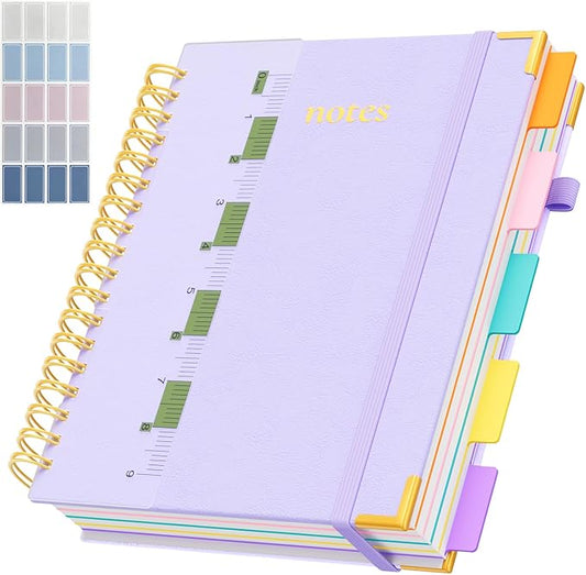 Line Hardcover Spiral Notebook with Removable Dividers Tabs & Ruler, 5 Subject Notebook College Ruled, 300 Page, Large 8"x10" B5 Notebooks for Work School, Lined Journal for Women & Men, Light Purple