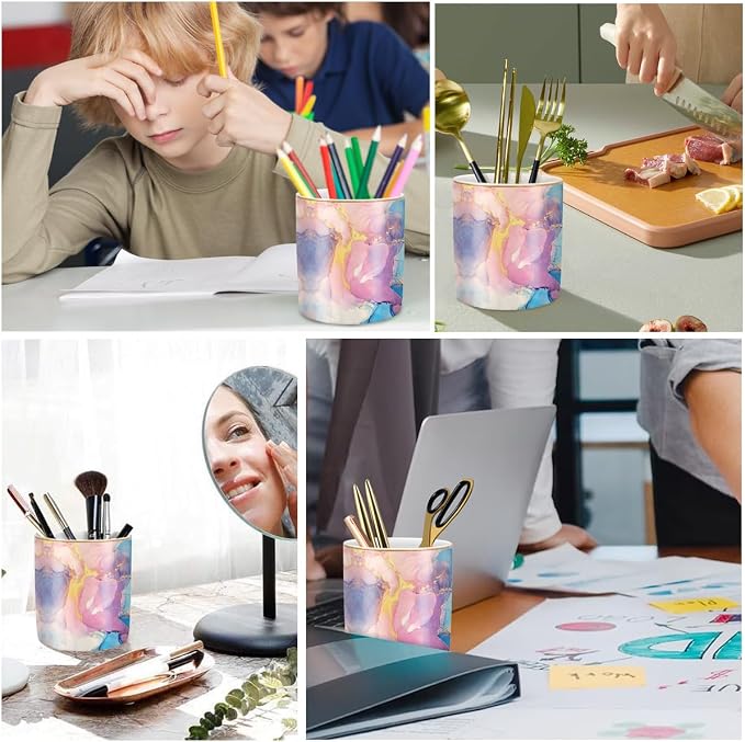 Cute Desk Pens Holder, Pencil Cup Holder for Desk, Ceramic Desktop Storage Pen Pencil Organizers Stationery Supplies for Office, Home, Gold Pattern