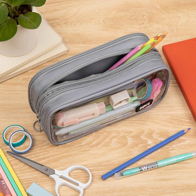 ZIPIT Half & Half Pencil Case, 3-Compartment Aesthetic Zipper Pouch, Grey | Clear-front pencil case for school, dedicated organizer panels, holds up to 70 pens & pencils, durable easy-care polyester