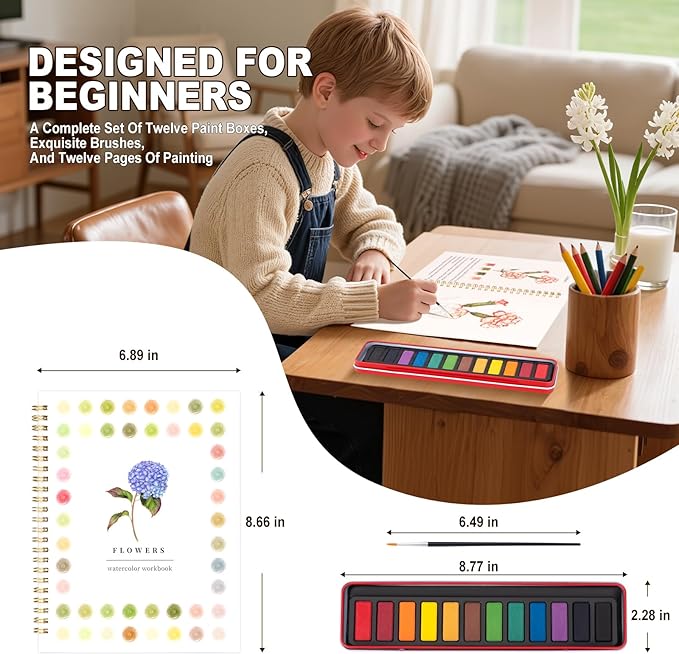Metyond Beginner Watercolor Workbook Kit - Watercolor Painting Kit with 1 Workbook 12 Colors Paint Set with Brush, Beginner Friendly Watercolor Paint Set Gift for Adults Teens (Flowers)