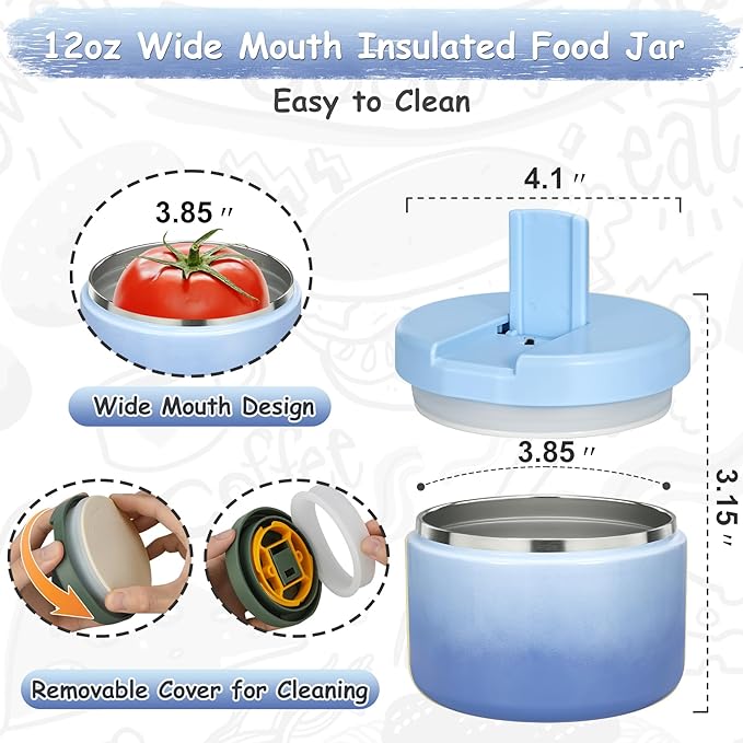 Pawtong 12oz Insulated Vacuum Food Jar with Buckle Lid Wide Mouth Soup Thermo for Hot Food Kids Leakproof Stainless Steel Lunch Container (Gradient Blue, 12OZ)