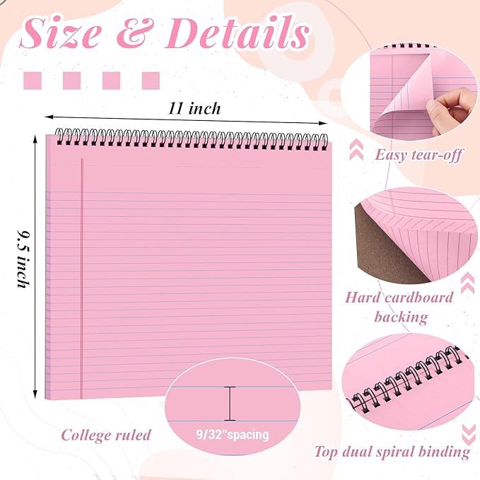 MotiMind 4 Pcs Legal Pads Landscape Notebooks Hole Punched Top Spiral Bound Notebooks 11 x 9.5 Inch College Ruled Drawing Notepad Tear Line for Removal 50 Sheet Office Steno Book(Pink)