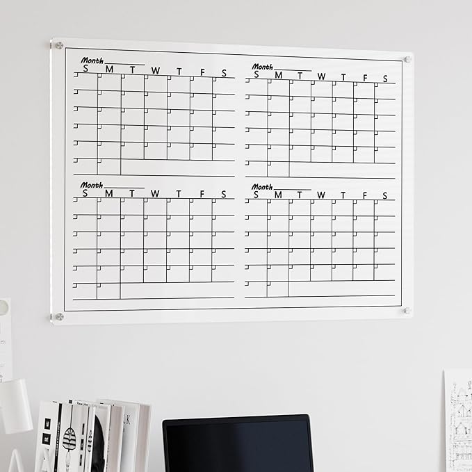 Neatsure Acrylic 4 Monthly Calendar Whiteboard for Wall, 36"x24" Clear Planner Dry Erase White Board for List, Kitchen, Planning, Memo, Office