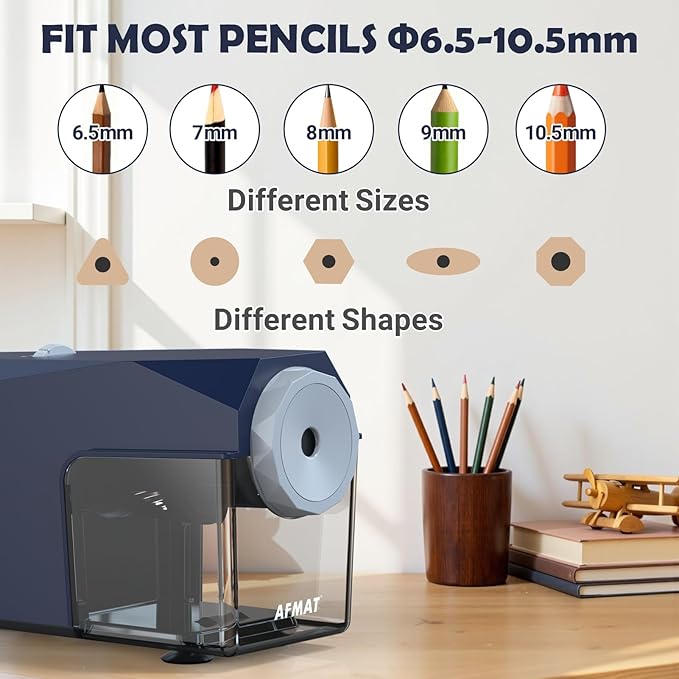AFMAT Electric Pencil Sharpener, Fast & Hands-Free, 10K+ Uses, 5 Nibs, Fully Automatic Pencil Sharpener for Classroom, Heavy Duty Sharpeners for No.2/Jumbo/Colored Pencils (6.5-10.5mm) US Plug(120V)