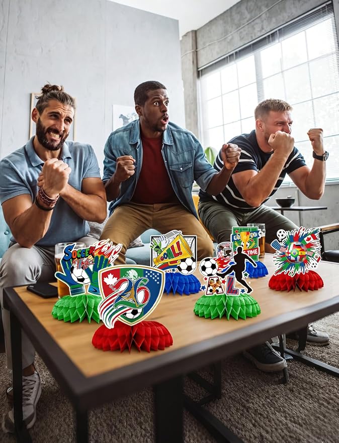 Soccer Table Decorations, 9PCS Soccer Centerpieces for Table, Green Red Blue Honeycomb Centerpieces, 3D Sports Themed Party Decorations for Game Day, Birthday & Sports Watch Party Supplies