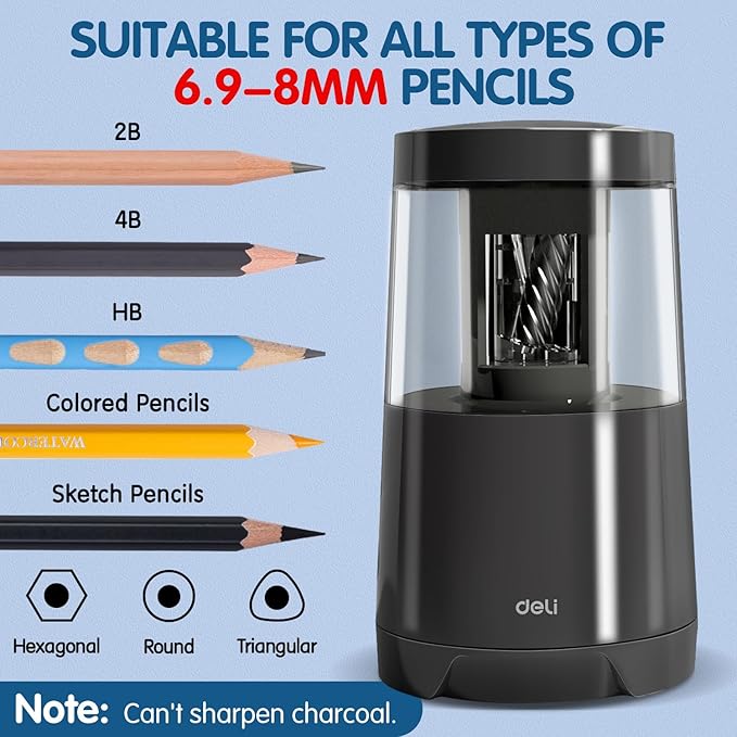 Deli Electric Pencil Sharpener, Automatic Pencil Sharpeners for No.2 Pencils Colored Pencils, Auto Stop, USB & Battery Operated for Students, Classroom, Home and Office, Black