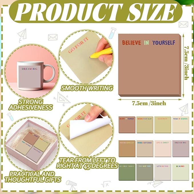Yinder 24 Pcs Inspirational Sticky Notes Cute Motivational Sticky Notes Pad End of Year Employee Appreciation Gifts Bulk for Teacher Nurse Coworkers Office Supplies 3 x 3'' (Motivation,Boho)