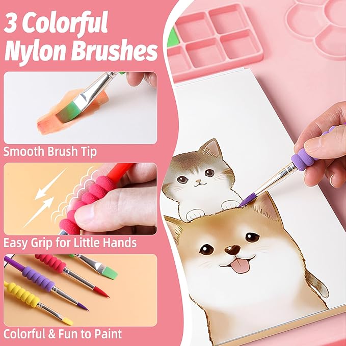 Silicone Painting Mat for Table Protection, 23.6 x 15.8in Drawing Mat with Nylon Brushes for Children, Art Mats with Cleaning Cup, Paint Palette, Clay Craft Mats for DIY (Pink)