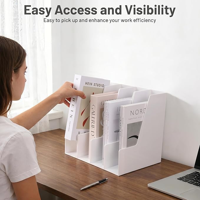 CiWiVOKi Vertical Magazine File Holder, Desk Organizer and Storage for Magazines, Binders, Notebooks, Envelopes, Multi-Purpose Desktop File Organizer for Home, Office & Classroom, 4 Pack, White