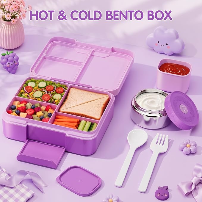 HOMETALL Bento Lunch Box for Kids with 8.5oz Insulated Food Jar, Leakproof Bento Boxes Lunch Bag for Ages 3 to 14 Back to School, Lunchbox Snack Containers Reusable Daycare Meal Prep,Purple