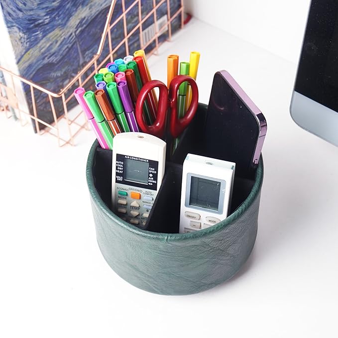 Round Leather Art Supply Organizer,Remote Control Holder,360 Degree Spinning,Multi-Functional Pencil Holder,4 Compartments Desktop Stationary Organizer(1-Crazy Green)