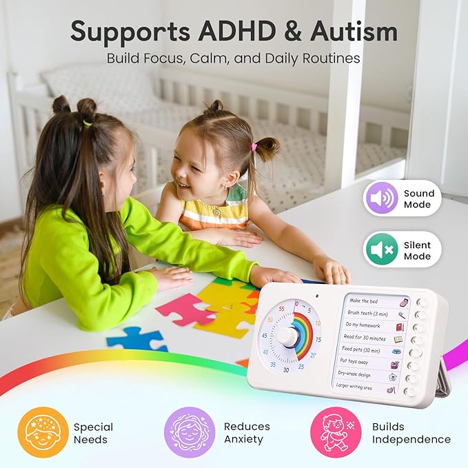 2-in-1 Visual Timer with Task Board for ADHD & Autism, Dry Erase Chore Chart and Visual Schedule for Kids & Adults, Rainbow Countdown Timer for Classroom, Home, Homeschool (White)