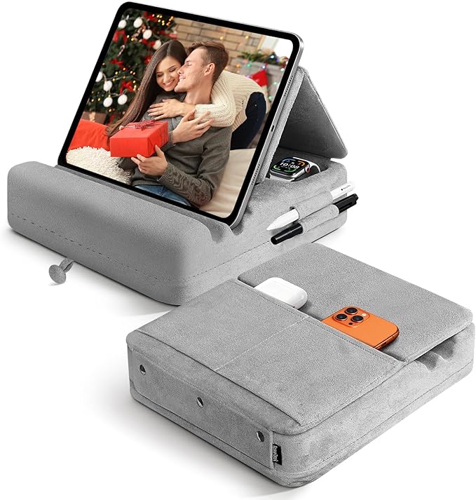 Tablet Pillow Stand with Storage, Foldable iPad Holder for Lep, Bed, Sofa, and Desk - Soft Pad Dock with Pocket and Stylus Mount Compatible with 4-13" iPad Pro/Air/Mini, Galaxy Tab, Kindle