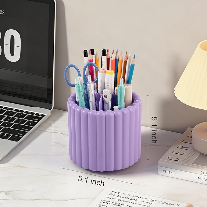 Anyoifax 360° Rotating Pen Holder 7 Slots Desk Organizer Removable Pencil Cup Plastic Art Supplies and Accessories Desktop Storage Box Caddy for Office, School, Home (Purple)