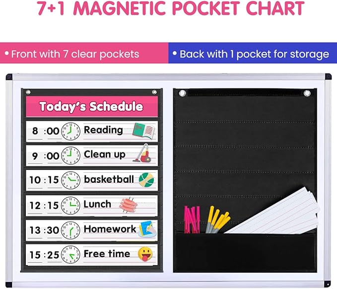 Auchq Magnetic Pocket Chart,Standard Pocket Chart with 7+1 Pockets,14 Double-Sided Dry-Eraser Cards for Daily Schedule,Class Demonstrations,Classroom Office Home Activities (Black)