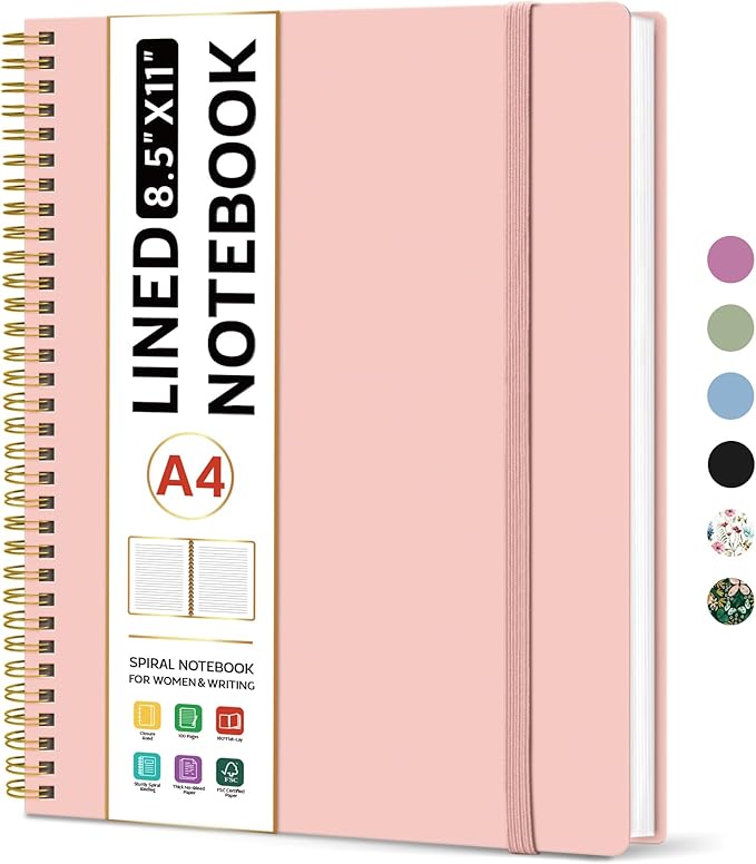 Taja Spiral Lined Notebook, 8.5"x11" Notebooks for Work, Large A4 Journal for Women & Men, College Ruled Journaling Notebook for Writing, Plastic Cover Spiral Journal, Pink