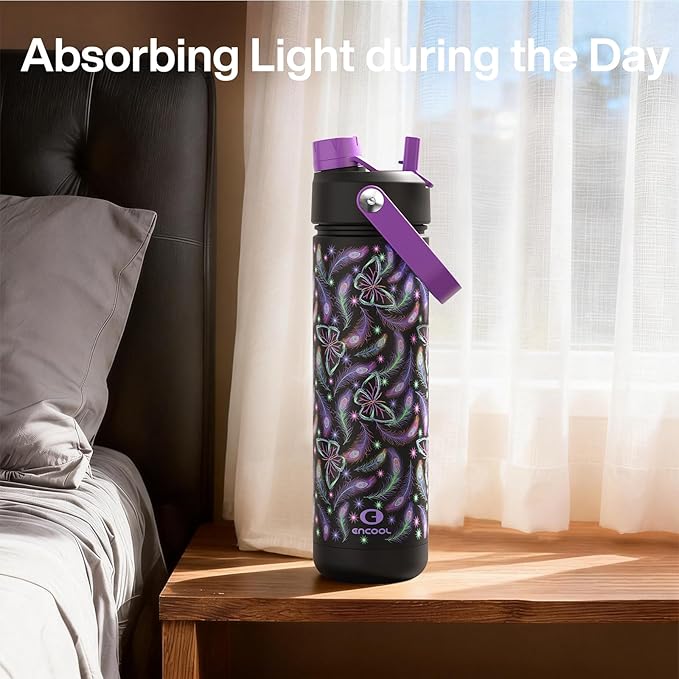 ENCOOL Insulated Water Bottle with Straw Stainless Steel Water Bottle, Glow in the Dark, Leak-Proof, BPA-Free, Keeps Cold for 24 Hours for Sports, Travel, School (26 oz, Midnight Butterfly)