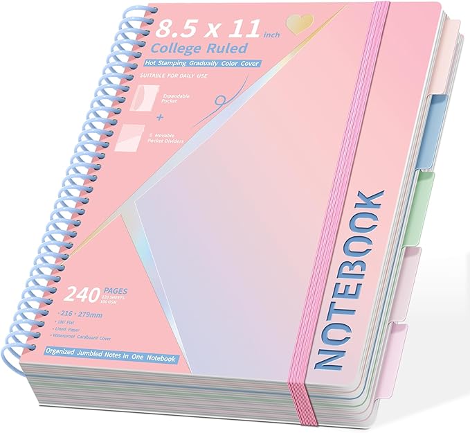 Spiral Notebook 8.5" x 11" College Ruled Hardcover Journal for Women with Removable Dividers 240 Pages 100GSM Thick Lined Journal for Writing Large 5 Subject Notebooks for School, Pink