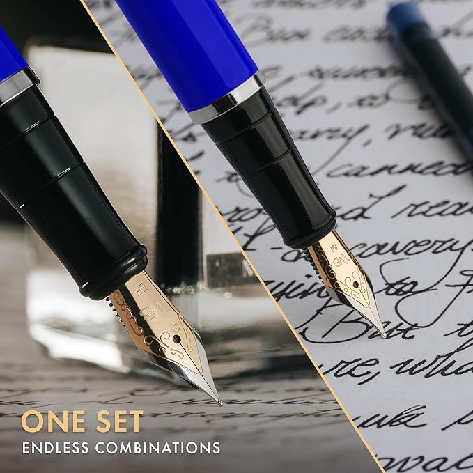 Wordsworth & Black Fountain Pen Set,18K Gilded Medium and Extra Fine Nib,25ML Black Ink Bottle,6 Ink Cartridges,Refill Converter,Gift Box,Smooth Writing Pens [Blue Chrome],Gift Set for Men and Women