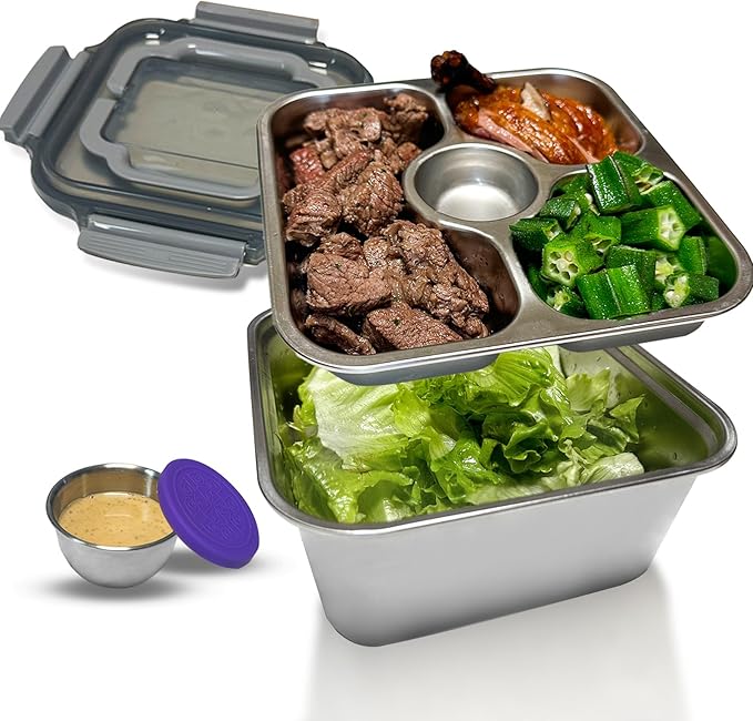 Salad Container for Lunch Stainless Steeel Salad Container 60-oz Salad Bowl with Lid 4-Compartment Bento-Style Tray, 1.5-oz Salad Dressing Container,Dishwasher, Microwave, and Oven Safe (Gray Lid)