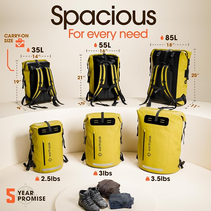 Waterproof Dry Bag Backpack 35L - Kayaking Boating Fishing Rafting Marine | Yellow 35L dry bag: 500D PVC, abrasion resistant build, IPX8 phone case for river and lake trips