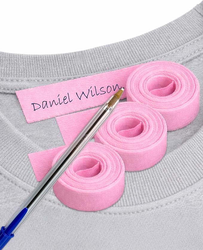3 Rolls of Pink Fabric Label Tape 3m x 1cm. Heat Transfer, Writable. Includes Pen. Durable & Washable for Kids’ Clothes, School & Nursery