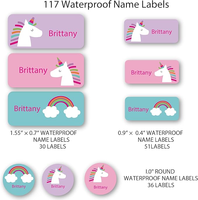 Personalized Kids Name Labels – Waterproof Custom Stickers for Daycare & School, 117 Pack, Dishwasher & Laundry Safe (Unicorn)