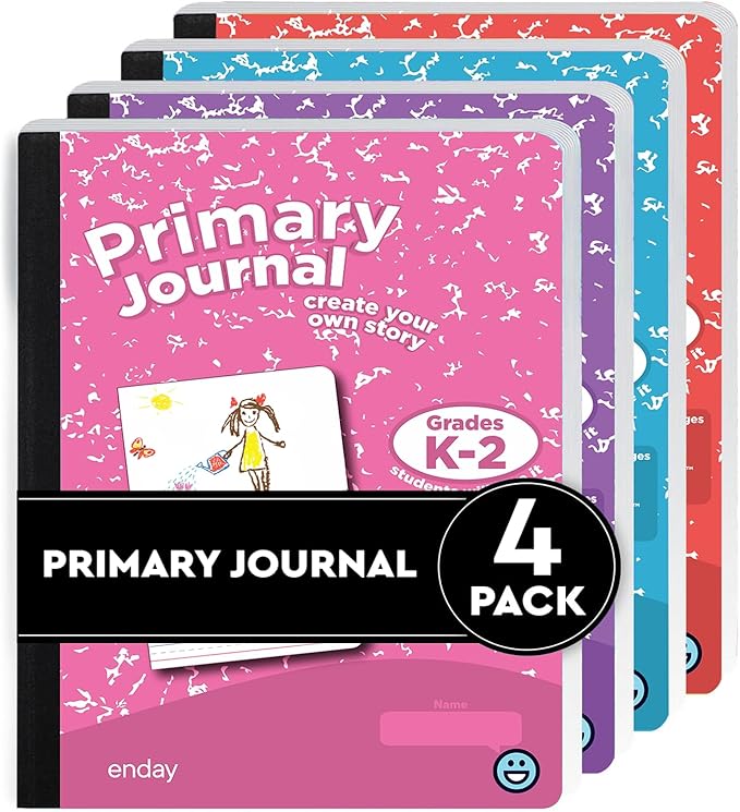 Enday Primary Journal Grades K-2 (4 Pack) Assorted Colors, Half Page Ruled Primary Journal Composition Notebook for Kids, 100 Sheets kids Notebook - Blue, Purple, Pink, Red