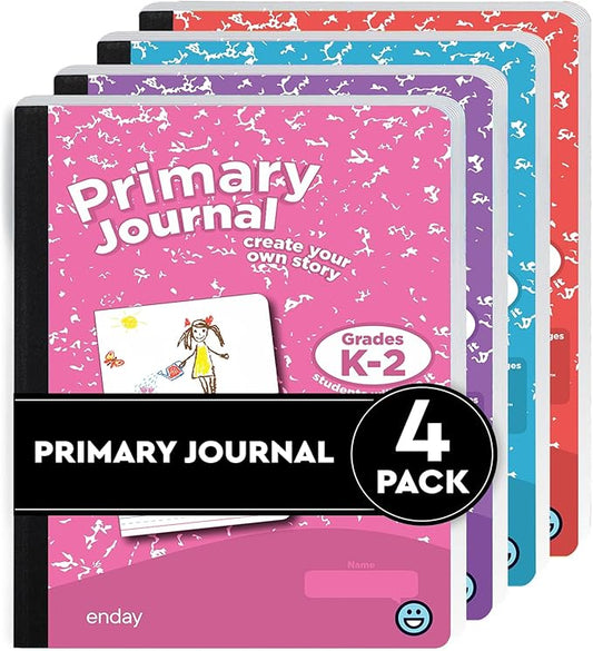 Enday Primary Journal Grades K-2 (4 Pack) Assorted Colors, Half Page Ruled Primary Journal Composition Notebook for Kids, 100 Sheets kids Notebook - Blue, Purple, Pink, Red