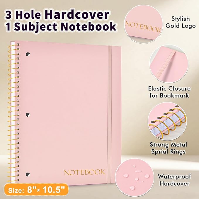 MUAHLIUB Spiral Notebook College Ruled Paper 8" x 10-1/2", 1 Subject Spiral Notebook, 3-Hole Punched Perforated Pages Ideal for School, Office, Writing, 95 Sheets Lined Journaling Notebook, Pink