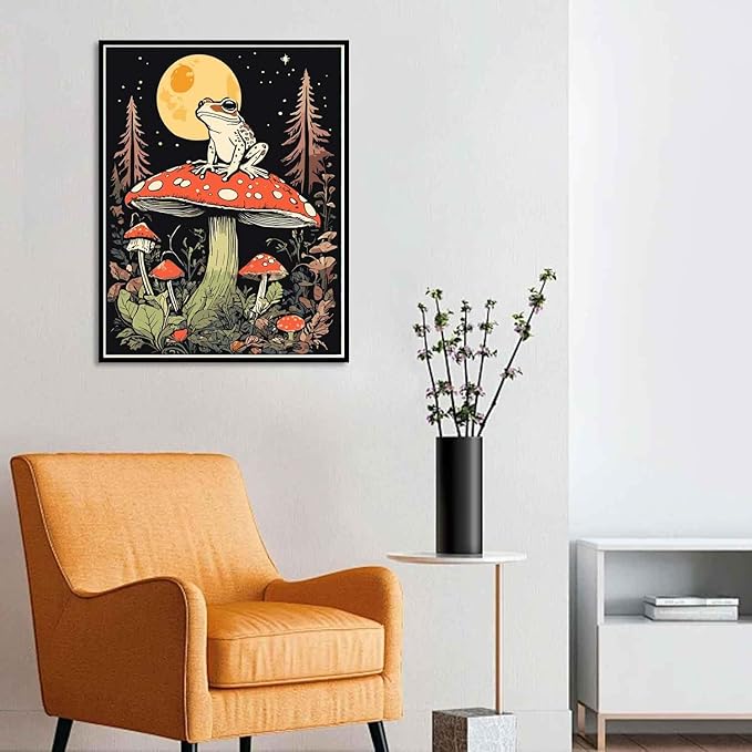Mushroom Paint By Numbers Kit For Adults, Country Night Paint By Number Kits For Beginner Frog Moon Acrylic On Canvas Diy Oil Painting Kit Adults' Paint-By-Number For Gift Home Wall Decor 16x20 Inch