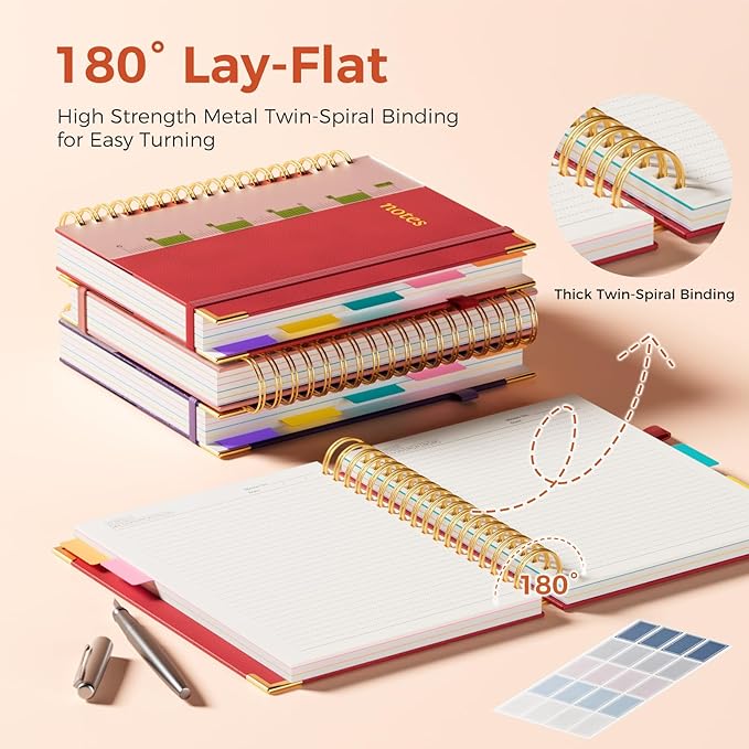 Line Hardcover Spiral Notebook with Removable Dividers Tabs & Ruler, 5 Subject Notebook College Ruled, 300 Page, Large 8"x10" B5 Notebooks for Work School, Lined Journal for Women & Men, Red
