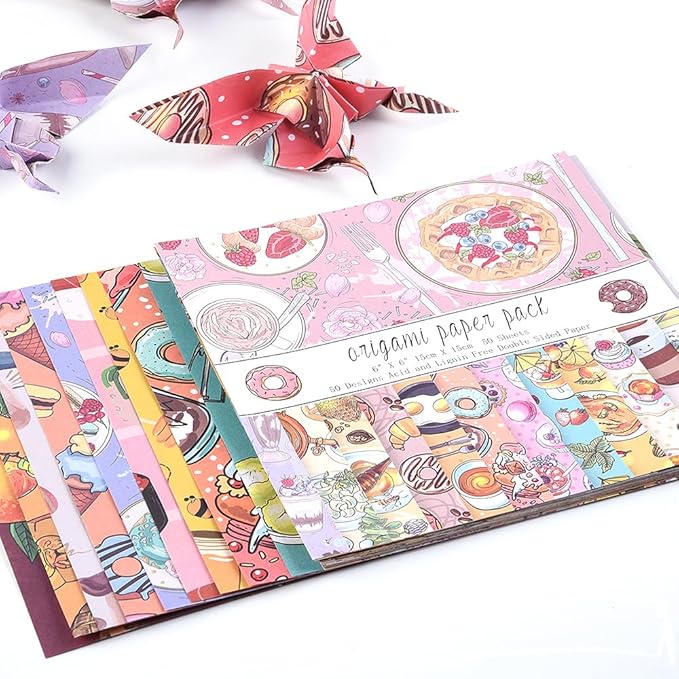 Origami Paper Kit 50 Sheets 70GSM 6 Inch Square Double Sided Color 50 Vivid Japanese Washi Chiyo Colors for Hand Crafts Origami Paper Arts Creativity.Dessert