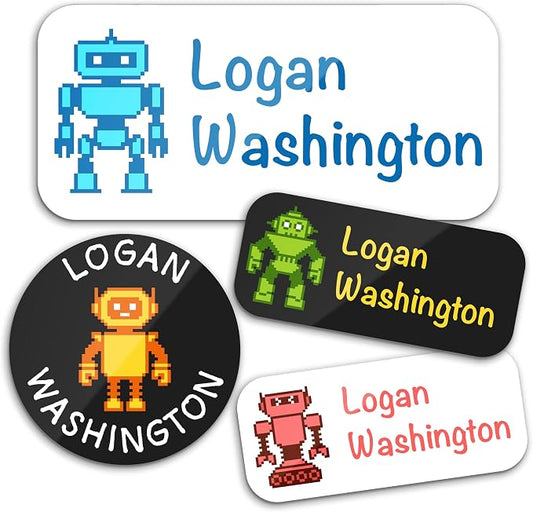 Personalized Waterproof Name Labels for Kids | Optional Packs 50, 150, 230 Labels | Custom Name Stickers for Kids' Clothing Tag, Water Bottle, Lunch Box, Customize Kid Name Label for Daycare Robots