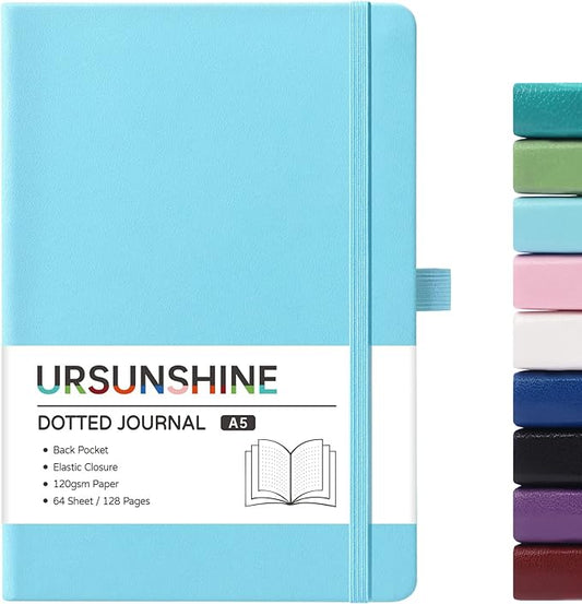 Dotted Journal/Notebook - Dot Grid Hard Cover Notebook, Premium Thick Paper with Fine Inner Pocket, Black Smooth Faux Leather, Pen Loop, 5.3'' x 8.26'' - Light Blue