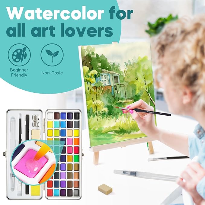TAVOLOZZA 50 Colors Watercolor Paint Set, Including Metallic & Fluorescent Colors, Travel Watercolor Set with Brushes, Watercolor Paper, Sponge and Accessories, Ideal Art Supplies for Adults Starter Artists